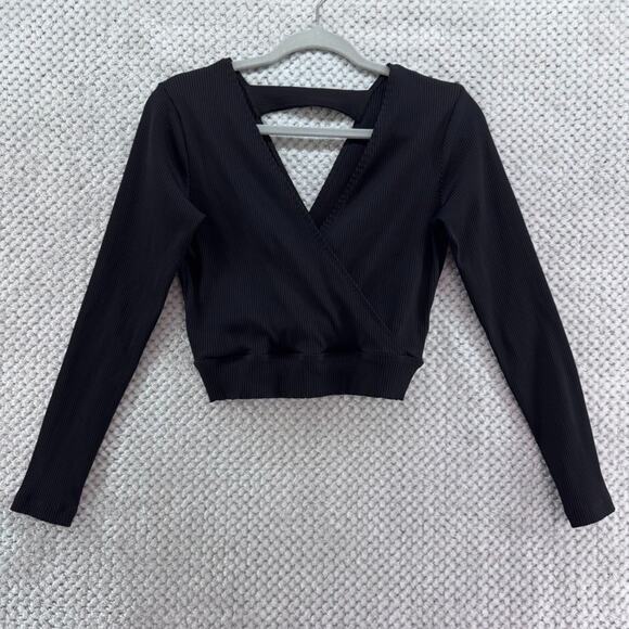 Year of Ours Top Womens L Black Rib Stretch V-Neck Surplice Long Sleeve Crop - Picture 1 of 11